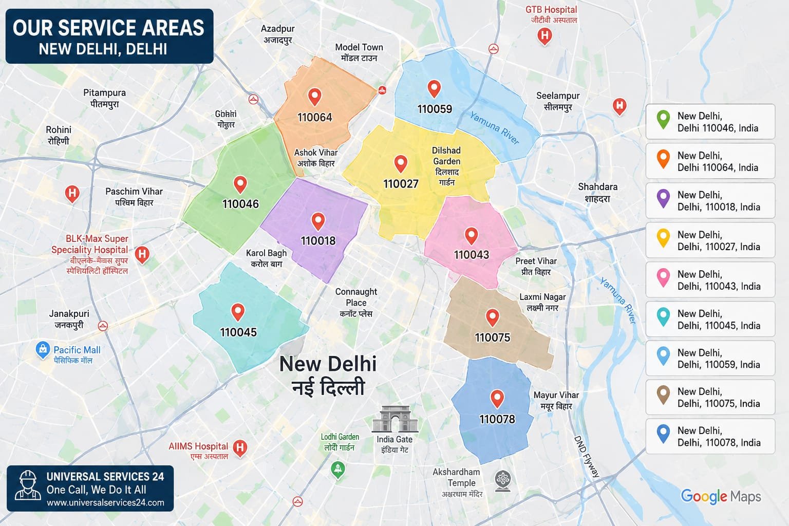 Our Service Areas in New Delhi, Delhi